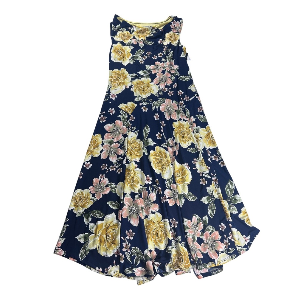 Robbie Bee Womens Floral Sleeveless Midi Dress Navy Blue Yellow‎ Size Medium NEW
